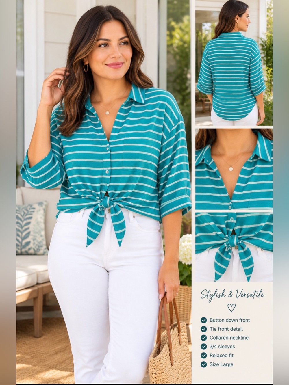 L Jones Newyork Worthington Teal and White Stripe Button-Down Shirt